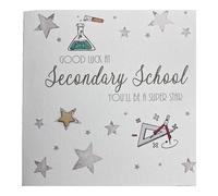 WHITE COTTON CARDS GOOD LUCK AT SECONDARY SCHOOL FIRST DAY CARD, HAND FINISHED (S522)