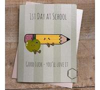 WHITE COTTON CARDS Good Luck Card - 1st Day At School - Cute Pencil & Apple Characters, Hand decorated with Glitter and Gems (DO51)