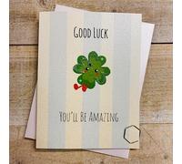 WHITE COTTON CARDS Good Luck Card - Cute Clover Character, Hand decorated with Glitter and Gems (DO47)