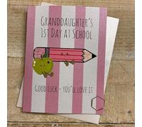 WHITE COTTON CARDS Good Luck Card - Granddaughter's 1st Day At School - Cute Pencil & Apple Characters, Hand decorated with Glitter and Gems (DO56)