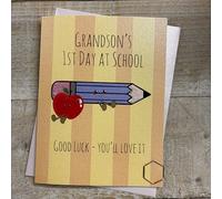 WHITE COTTON CARDS Good Luck Card - Grandson's 1st Day School - Cute Pencil & Apple Characters, Hand decorated with Glitter and Gems (DO53)
