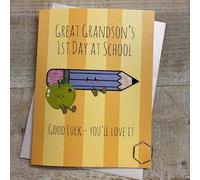 WHITE COTTON CARDS Good Luck Card - Great Grandson's 1st Day At School - Cute Pencil & Apple Characters, Hand decorated with Glitter and Gems (DO60)