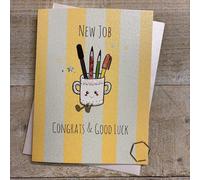 WHITE COTTON CARDS Good Luck New Job Card - Cute Pen Pot Character, Hand decorated with Glitter and Gems (DO65)