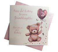 White Cotton Cards "Gorgeous Granddaughter 2, Pink Bear Handmade Age 2 Birthday Card, Ngd2