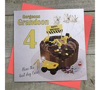 WHITE COTTON CARDS Gorgeous Grandson 4 Boy, Diggers Handmade 4th Birthday Card, Ngs4,16cm x 16cm