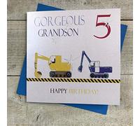 White Cotton Cards "Gorgeous Grandson 5 Happy Birthday!, Diggers Handmade 5th Birthday Card, Ngs5
