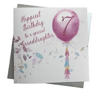 WHITE COTTON CARDS GRANDDAUGHTER AGE 7 - PINK BALLOON & TASSLES - LARGE BIRTHDAY CARD, HAND FINISHED (XR107-GD7)
