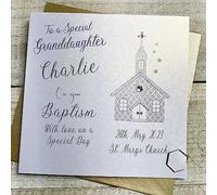 WHITE COTTON CARDS GRANDDAUGHTER PERSONALISED BAPTISM CARD, CHURCH DESIGN, HAND FINISHED (X) P23-15-B-GD