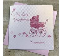 WHITE COTTON CARDS Grandparents Congratulations, Pink Pram Handmade New Baby Girl Card, BD187G