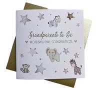WHITE COTTON CARDS GRANDPARENTS TO BE - SILVER STARS NEW BABY CARD, HAND FINISHED (S490)