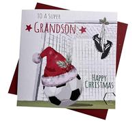 WHITE COTTON CARDS GRANDSON - FOOTBALL & SANTA HAT - FOOTBALL CHRISTMAS CARD (FFX-GS)