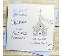 WHITE COTTON CARDS GRANDSON PERSONALISED 1st HOLY COMMUNION CARD, BLUE CHURCH DESIGN, HAND FINISHED (X) P23-49-GS