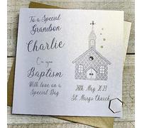 WHITE COTTON CARDS GRANDSON PERSONALISED BAPTISM CARD, CHURCH DESIGN, HAND FINISHED (X) P23-15-B-GS