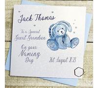 WHITE COTTON CARDS GREAT GRANDSON PERSONALISED NAMING DAY CARD, BLUE BUNNY DESIGN, HAND FINISHED (X) P23-41-GGS