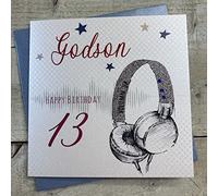 white cotton cards Handmade Godson 13 Happy Birthday Headphones 13th Birthday Card, White, SB54-gd13