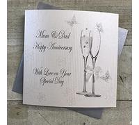 White Cotton Cards Handmade Happy Anniversary Card with Love On Your Special Day for Mum and Dad with Champagne Glasses, BD194