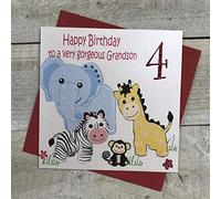white cotton cards Handmade Happy Birthday To A Very Gorgeous Grandson 4" Safari Animals 4th Birthday Card, White, GL221-gs4