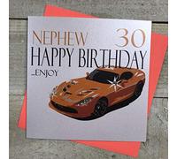 white cotton cards Handmade Nephew 30 Happy Birthday…Enjoy Orange Sports Car 30th Birthday Card, White, N62-N30