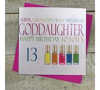 white cotton cards Handmade Super, Fun Filled Lovely Goddaughter Happy 13" Neon Nail Varnishes 13th Birthday Card, White, N320-13
