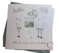 WHITE COTTON CARDS Happy 50th Birthday Card Sister Pink Cake & Sparkly Glasses SS42-S50