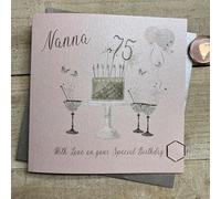 WHITE COTTON CARDS Happy 75th Birthday Card Nanna Champagne Glasses Pink & Gold Sparkly Cake SS42-NNA75