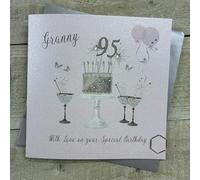 WHITE COTTON CARDS Happy 95th Birthday Card Granny CAKE & SPARKLER GLASSES SS42-GNY95
