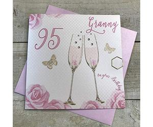 WHITE COTTON CARDS Happy 95th Birthday Card Granny Champagne Glasses Pink Roses SS42-GNY95