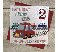 White Cotton Cards "Happy Birthday Grandson 2" Handmade 2nd Birthday Card, G82-2GS, grey|brown|red,16cm x 16cm