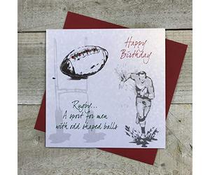 WHITE COTTON CARDS "Happy Birthday Rugby… A Sport For Men With Odd Shaped Balls Handmade Joke Birthday Card, SB9