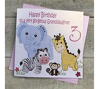 white cotton cards "Happy Birthday To A Very Gorgeous Granddaughter 3" Safari Animals 3rd Birthday Card, White, GL220-GD3