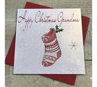White Cotton Cards Happy Grandma Handmade Christmas Card (Pink Stocking)