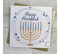 WHITE COTTON CARDS HAPPY HANUKKAH, Menorah Candelabra Design. Handmade Jewish Celebration Card (SP96)
