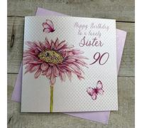 white cotton cards Happy Lovely Sister 90, Handmade 90th Birthday Card (Dandelion)