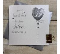 WHITE COTTON CARDS HEART BALLOON MUM & DAD - SILVER 25TH ANNIVERSARY CARD, HAND FINISHED (DH25-M)