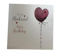 white cotton cards Heart Balloon To My Husband Happy Birthday Handmade Birthday Card, White, WB194