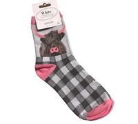 WHITE COTTON CARDS HIGHLAND COW - GREY & PINK - Novelty Ladies Female Socks. SIZE UK 4-7 (SKS9)