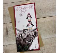 WHITE COTTON CARDS HIGHLAND COW & PENGUIN CHRISTMAS MONEY WALLET (WBW-C25-10)