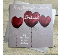 WHITE COTTON CARDS HUSBAND - 3 RED HEART BALLOONS LARGE BIRTHDAY CARD, HANDMADE (XDB108)