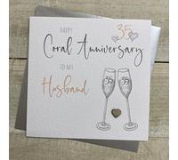 WHITE COTTON CARDS HUSBAND 35TH CORAL - FLUTES & WOODEN HEART ANNIVERSARY CARD, HANDMADE (S110-H35)