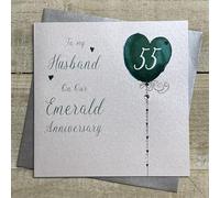 WHITE COTTON CARDS HUSBAND 55TH EMERALD ANNIVERSARY CARD - HEART BALLOON DESIGN. HAND FINISHED (DH55-H)