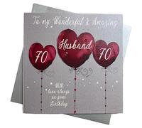WHITE COTTON CARDS HUSBAND 70TH - HEART BALLOONS LARGE BIRTHDAY CARD, HAND FINISHED (XDB108-70)