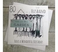 White Cotton Cards Husband 80th Birthday Card,Garden Tools Handfinished (E102-80)