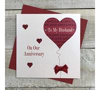 White Cotton Cards Husband Anniversary Handmade Card with Heart and Balloon, White, PD90
