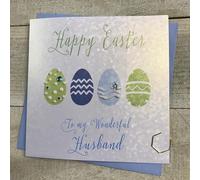 WHITE COTTON CARDS HUSBAND BLUE & GREEN EGGS EASTER CARD, HAND FINISHED (EB4-H)