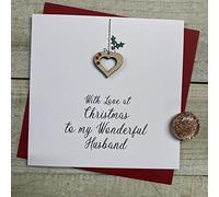 WHITE COTTON CARDS HUSBAND CHRISTMAS CARD, WOODEN HEART, HANDMADE (XS30-H)