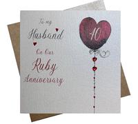 WHITE COTTON CARDS HUSBAND - HEART BALLOON RUBY ANNIVERSARY CARD, HANDMADE (D259-H40)