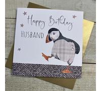 WHITE COTTON CARDS HUSBAND PUFFIN BIRTHDAY CARD, HAND FINISHED (S348-H)