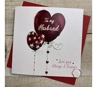 WHITE COTTON CARDS HUSBAND RED HEART BALLOONS VALENTINE CARD, HAND FINISHED (V24-1)
