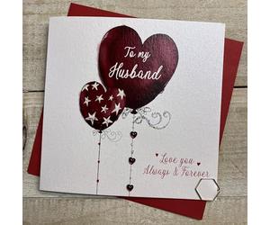 WHITE COTTON CARDS HUSBAND RED HEART BALLOONS VALENTINE CARD, HAND FINISHED (V24-1)