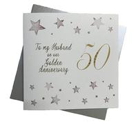 WHITE COTTON CARDS To My Husband 50, Handmade Large 50th Anniversary Card (Big Twist Range, Golden)